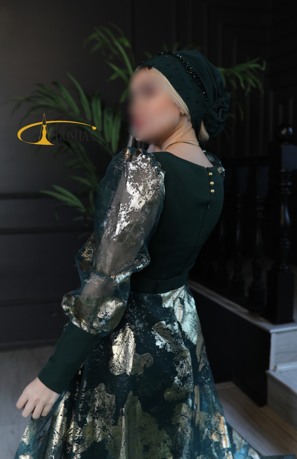 پشت پیراهن مجلسی زنانه مدل طلاکوب سبزتیره